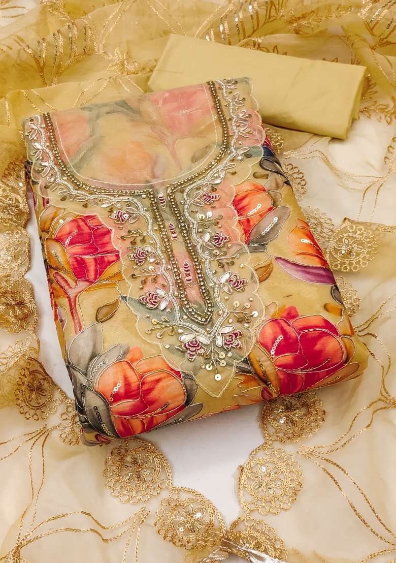 Multicolor Floral Print Organza Straight Kurta Set - Indya