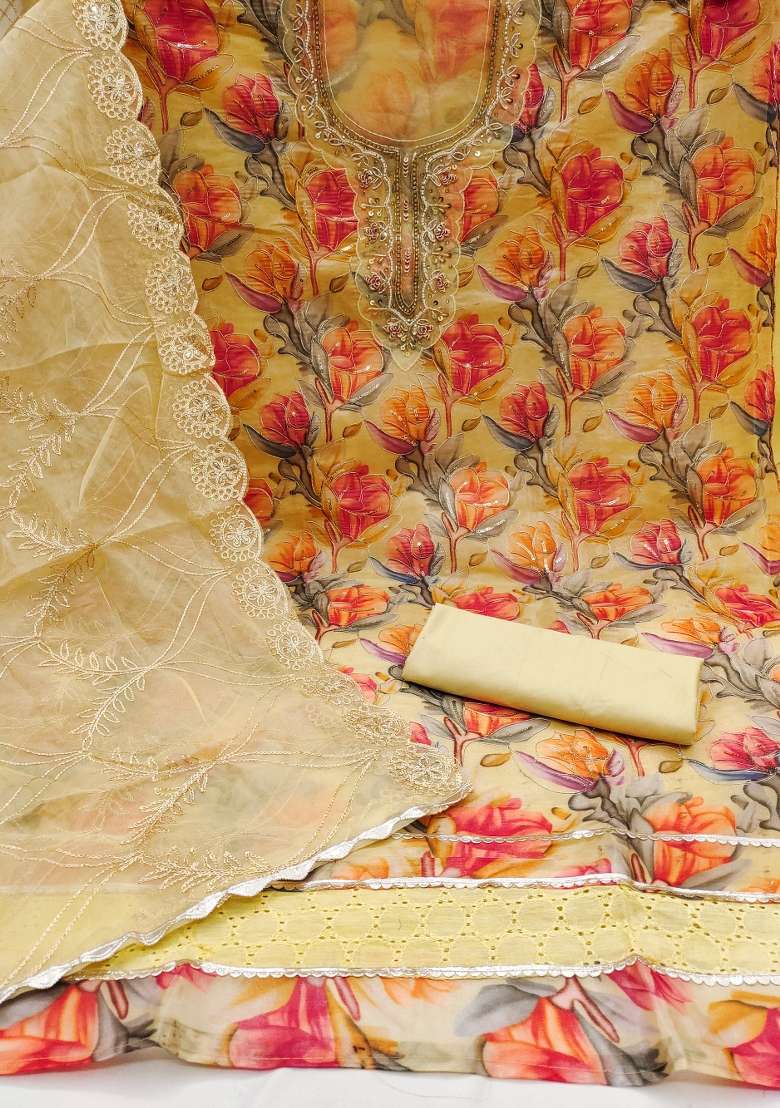 Multicolor Floral Print Organza Straight Kurta Set - Indya