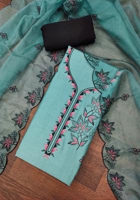 Sea Green Embroidered Cotton Blend Dress Material