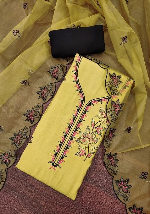 Yellow Embroidered Cotton Blend Dress Material