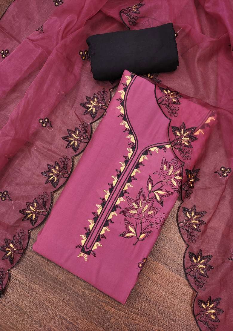 Purple Embroidered Cotton Blend Dress Material - Indya