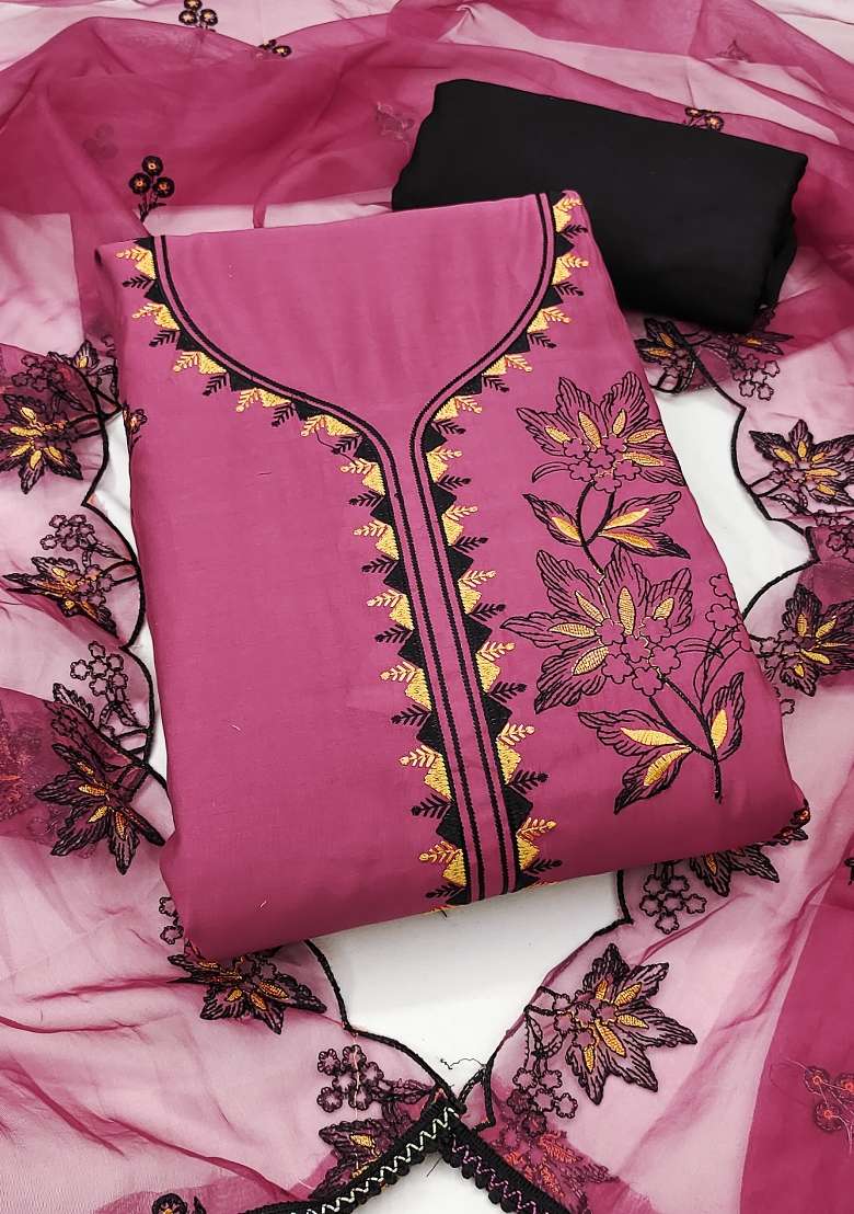 Purple Embroidered Cotton Blend Dress Material - Indya