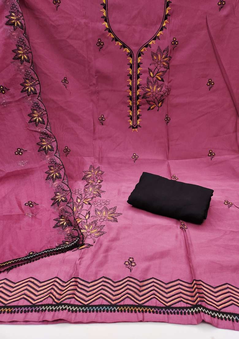 Purple Embroidered Cotton Blend Dress Material - Indya