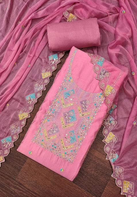 Pink Embroidered Blended Straight Kurta Set