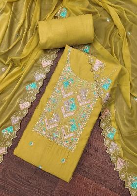 Yellow Embroidered Cotton Blend Dress Material