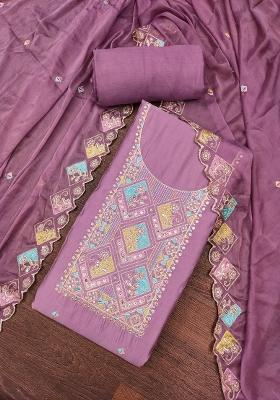 Lavender Embroidered Cotton Blend Dress Material