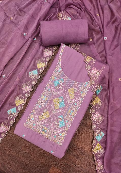 Lavender Embroidered Blended Straight Kurta Set