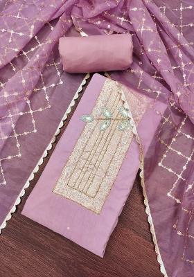 Light Purple Embroidered Cotton Blend Dress Material