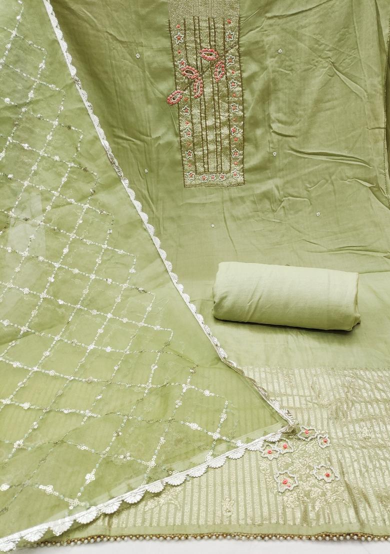 Light Green Embroidered Cotton Blend Dress Material - Indya