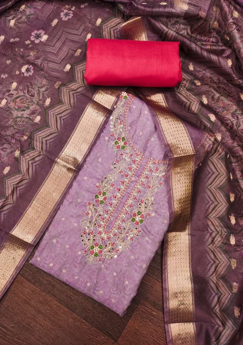 Purple Embroidered Cotton Blend Dress Material - Indya