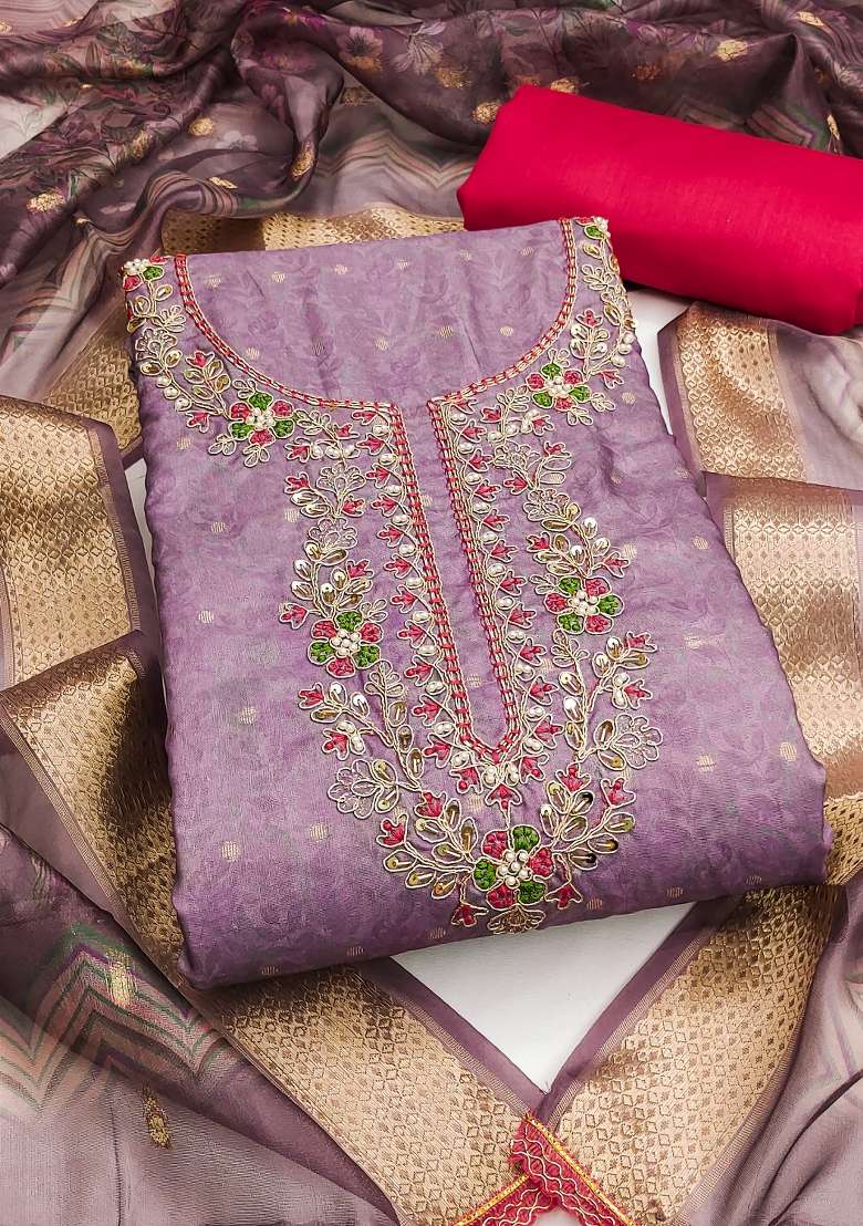 Purple Embroidered Cotton Blend Dress Material - Indya