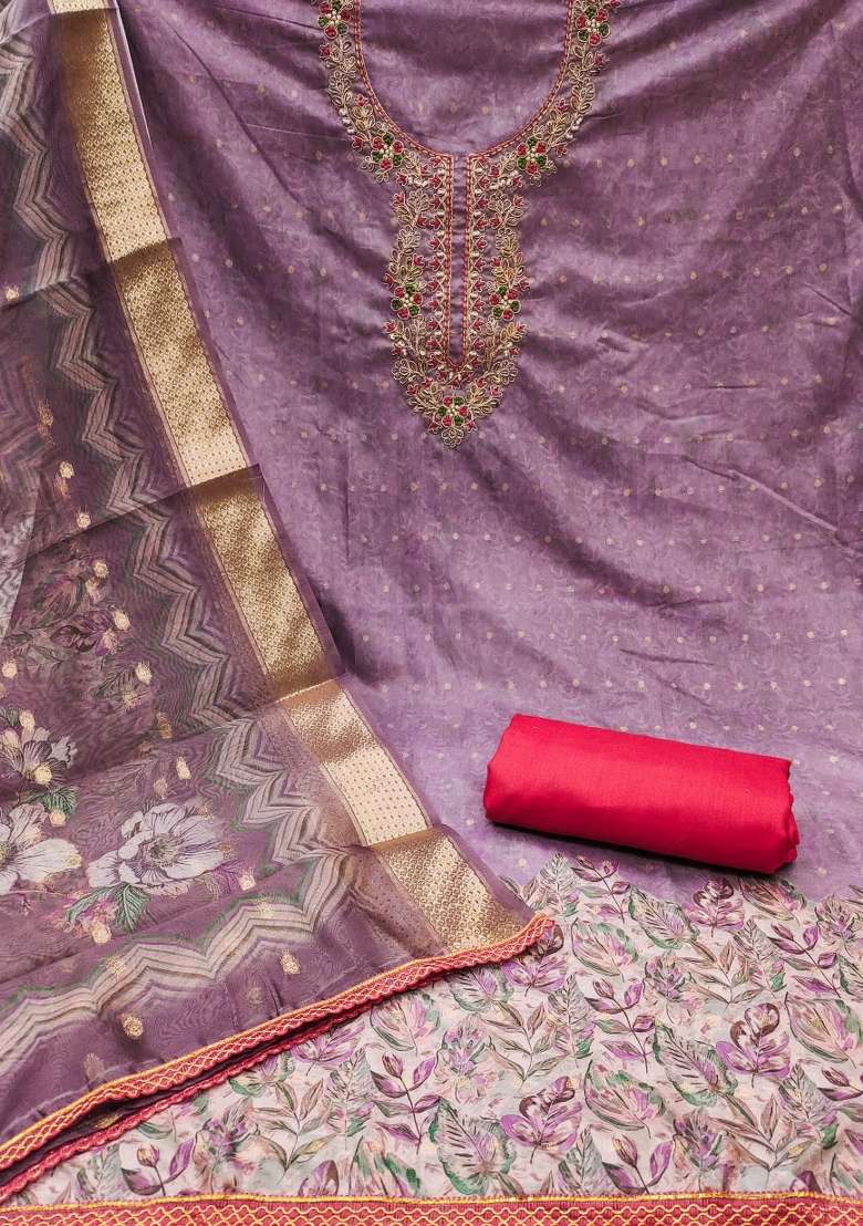Purple Embroidered Cotton Blend Dress Material - Indya