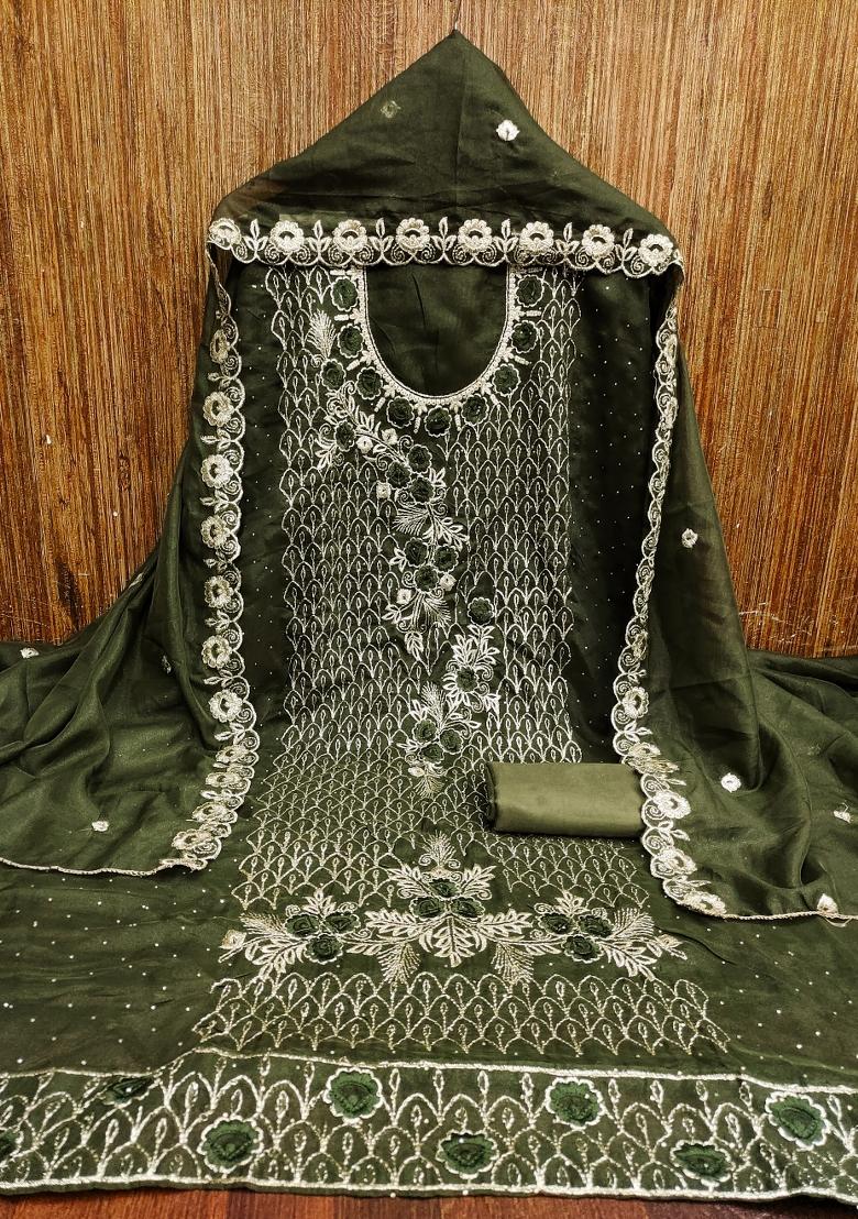 Mehandi Embroidered Georgette Dress Material