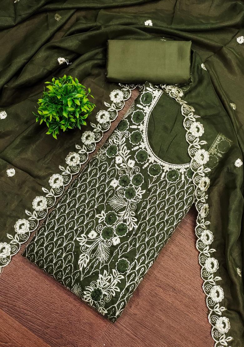 Mehandi Embroidered Georgette Dress Material