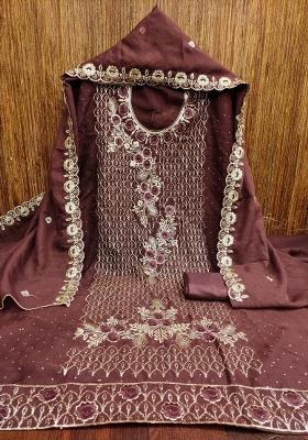 Purple Embroidered Georgette Dress Material