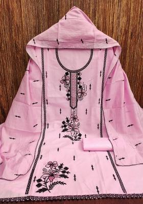 Baby Pink Embroidered Cotton Blend Dress Material