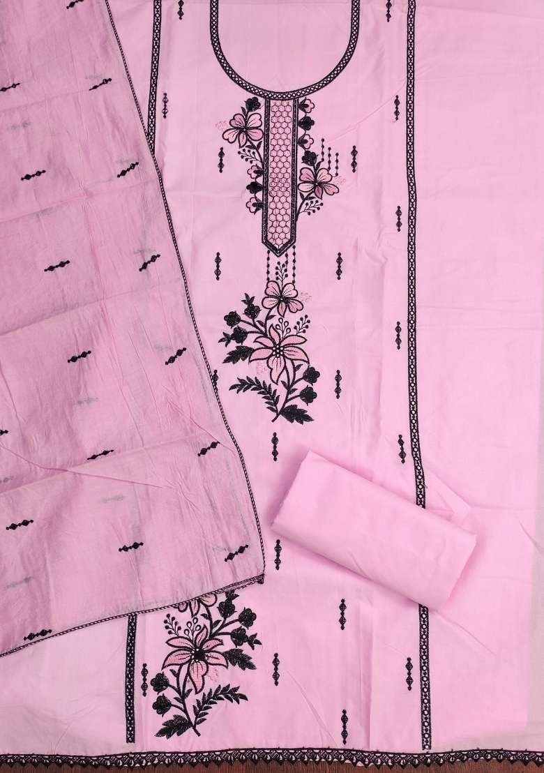 Baby Pink Embellished Cotton Straight Kurta Set - Indya