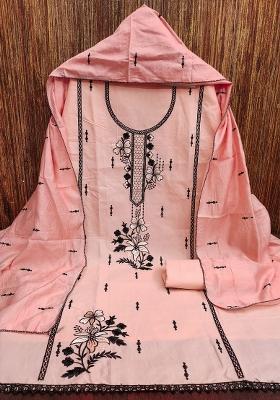 Peach Embroidered Cotton Blend Dress Material
