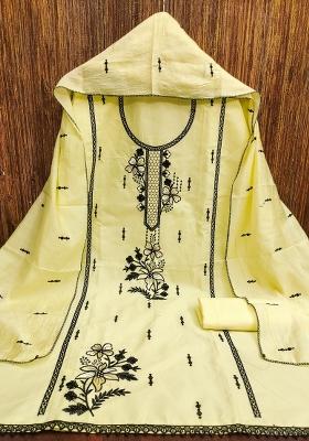 Yellow Embroidered Cotton Blend Dress Material