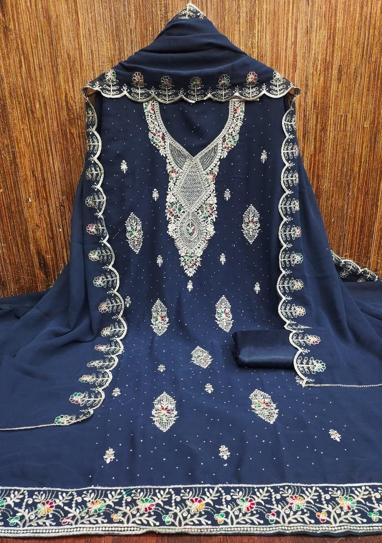 Blue Embroidered Georgette Dress Material