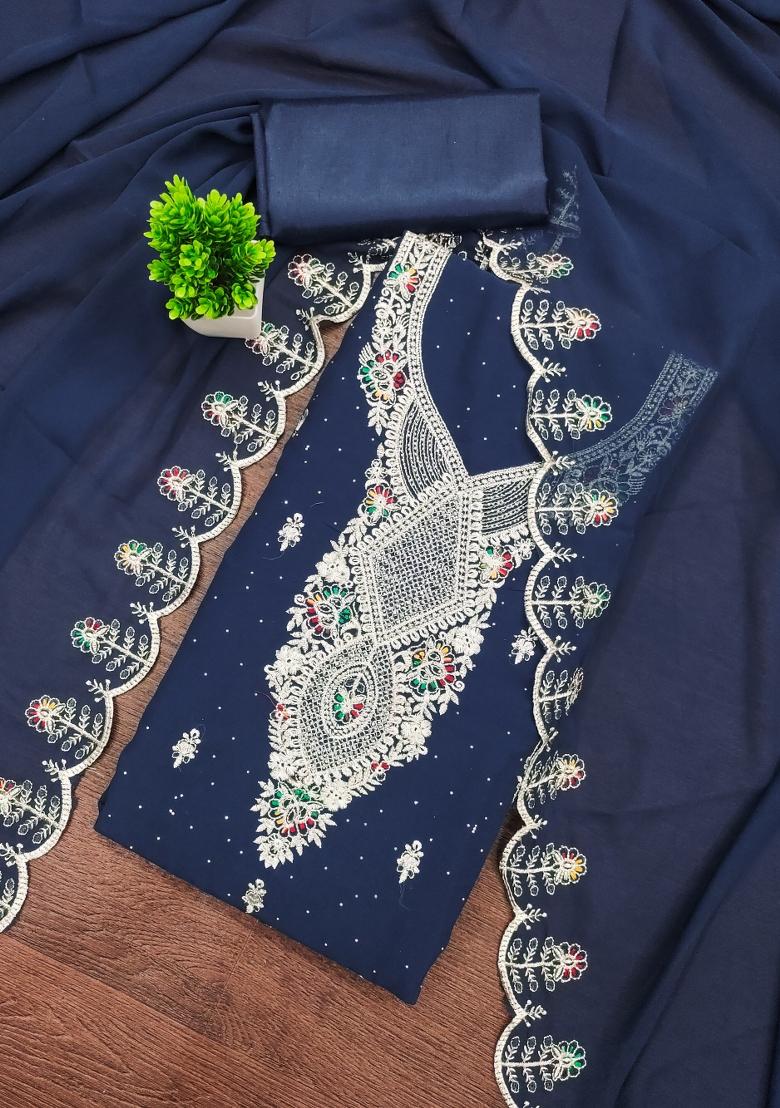 Blue Embroidered Georgette Dress Material