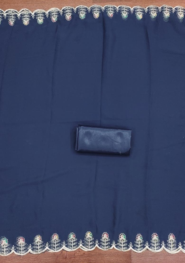Blue Embroidered Georgette Dress Material