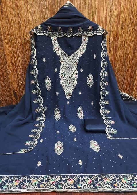 Blue Embroidered Georgette Dress Material