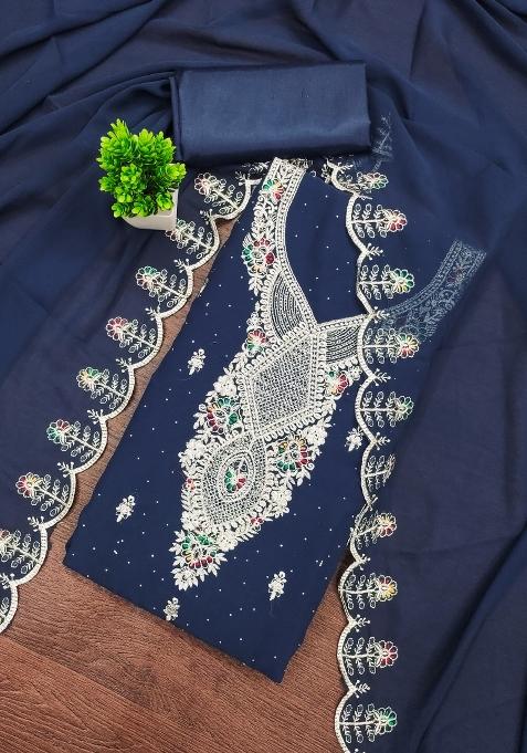 Blue Embroidered Georgette Dress Material