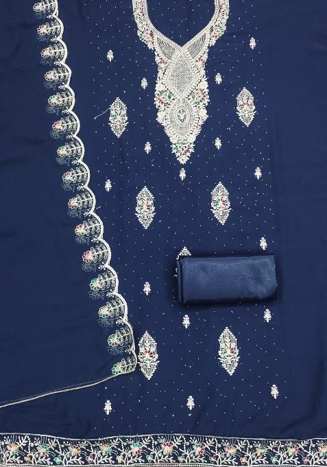 Blue Embroidered Georgette Dress Material