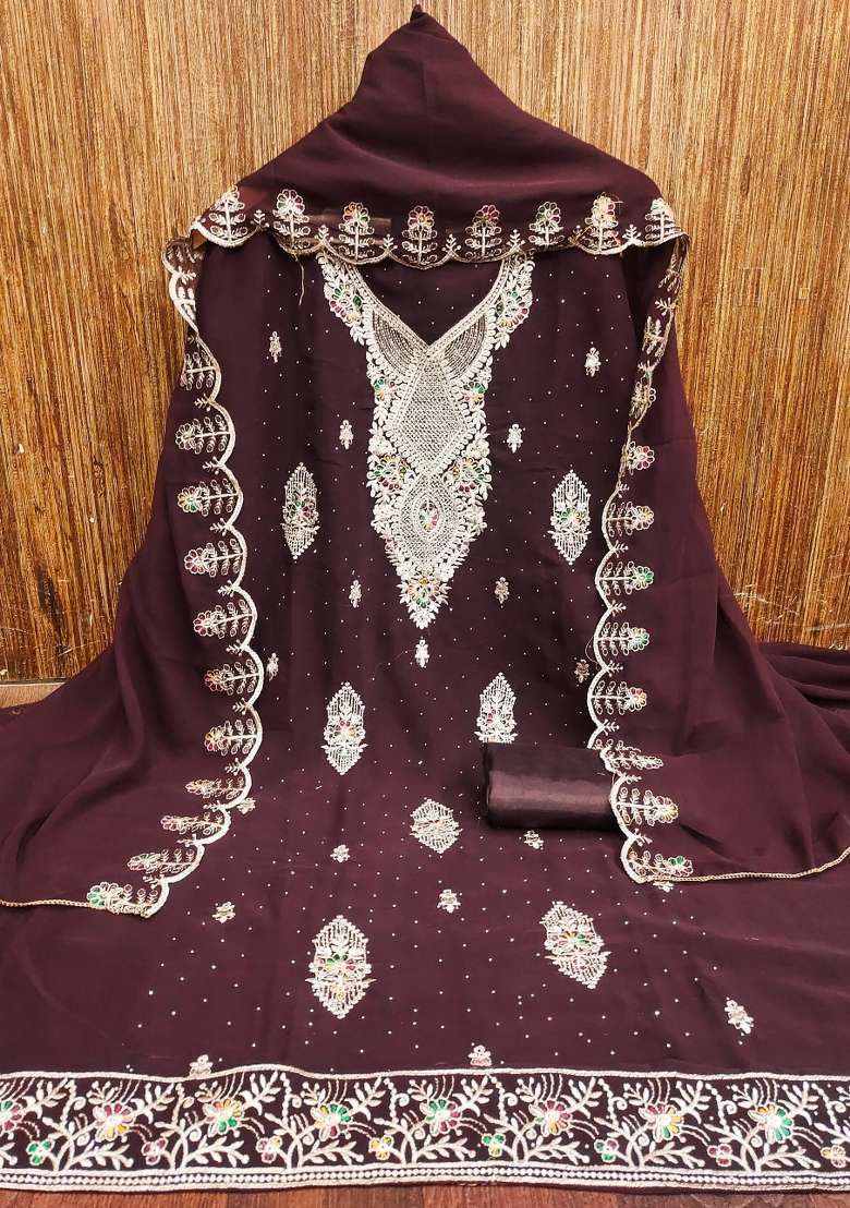Brown Embellished Georgette Straight Kurta Set - Indya