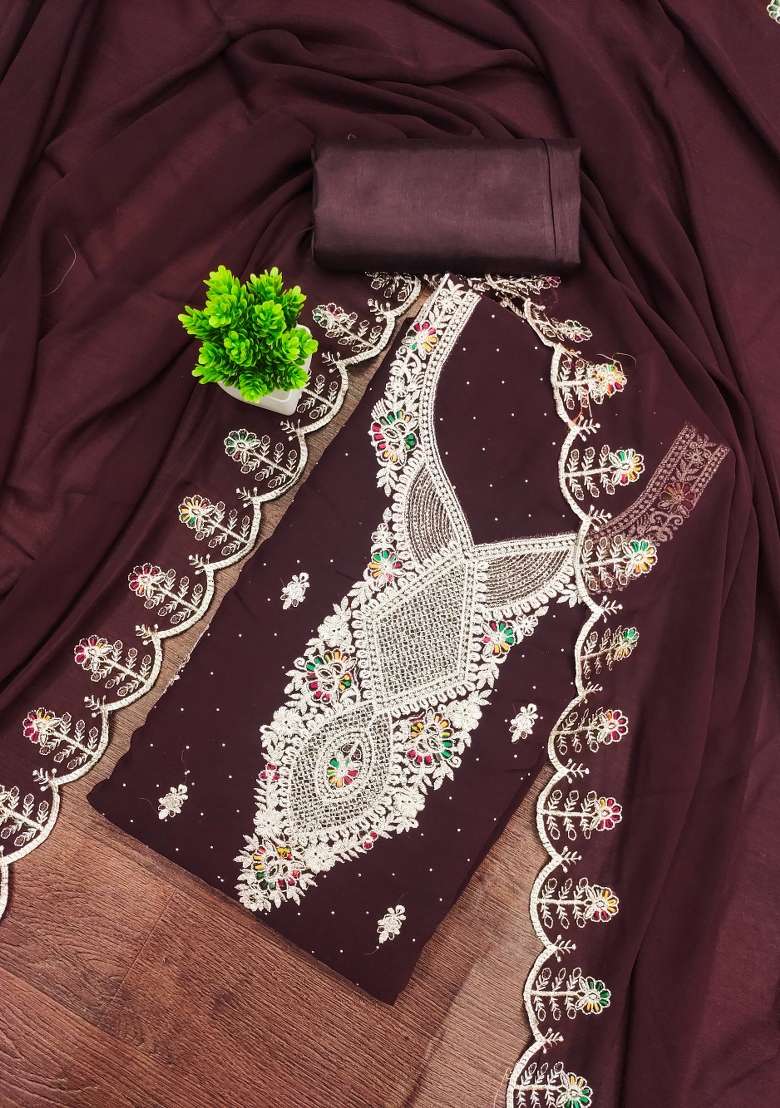 Brown Embellished Georgette Straight Kurta Set - Indya