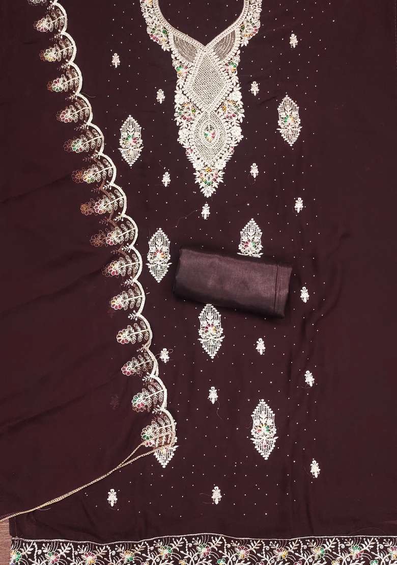 Brown Embellished Georgette Straight Kurta Set - Indya