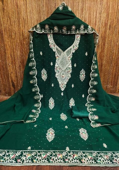 Green Embroidered Georgette Straight Kurta Set