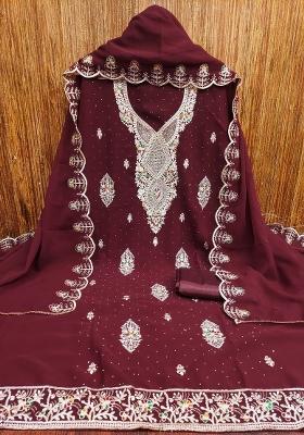 Maroon Embroidered Georgette Dress Material