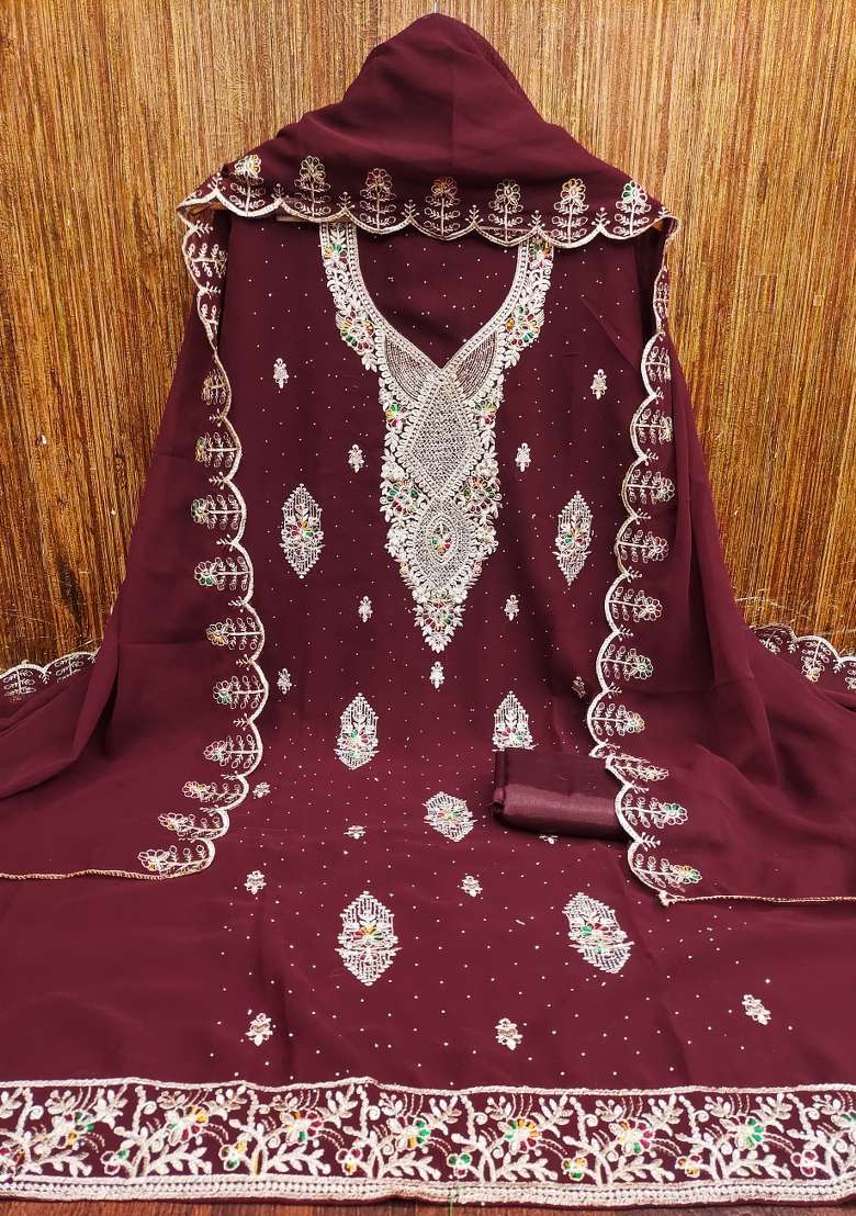 Maroon Embroidered Georgette Straight Kurta Set - Indya