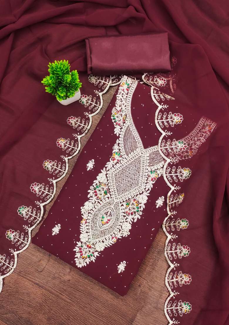 Maroon Embroidered Georgette Straight Kurta Set - Indya