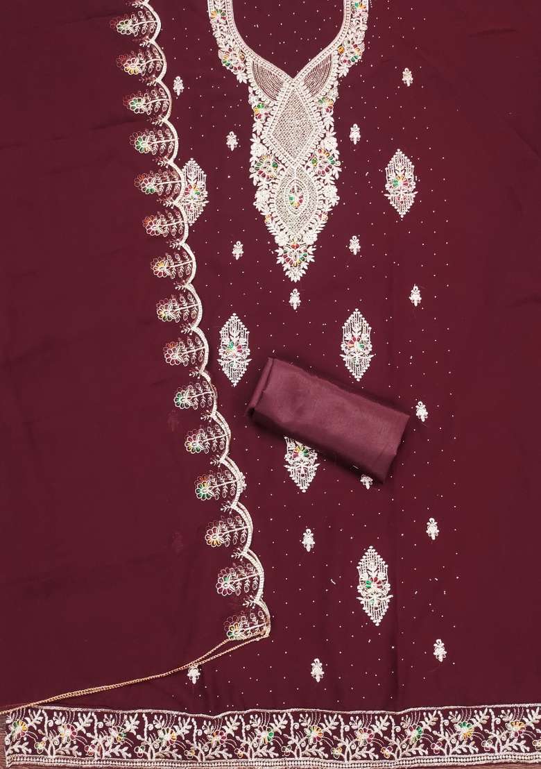 Maroon Embroidered Georgette Straight Kurta Set - Indya