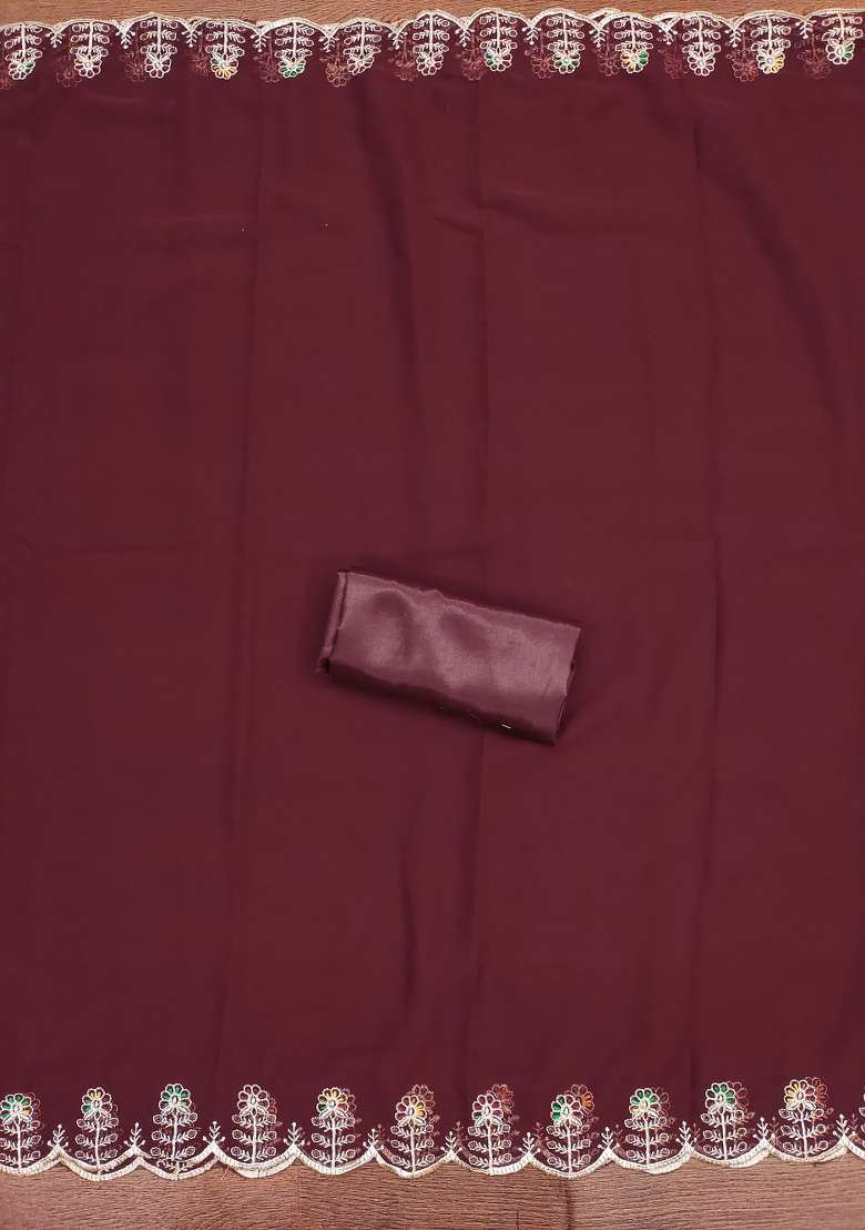 Maroon Embroidered Georgette Straight Kurta Set - Indya