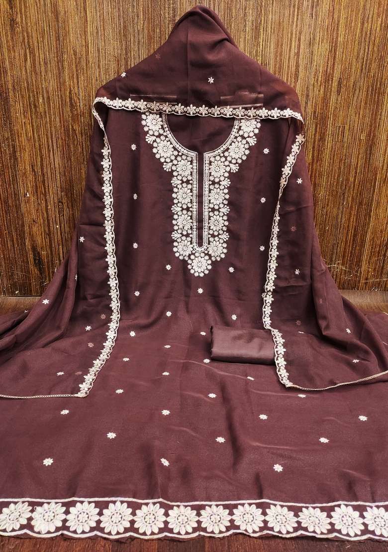 Brown Embroidered Georgette Straight Kurta Set - Indya
