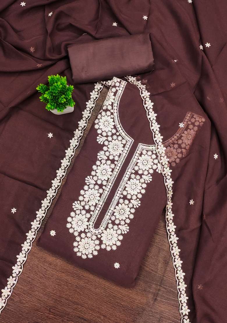 Brown Embroidered Georgette Straight Kurta Set - Indya