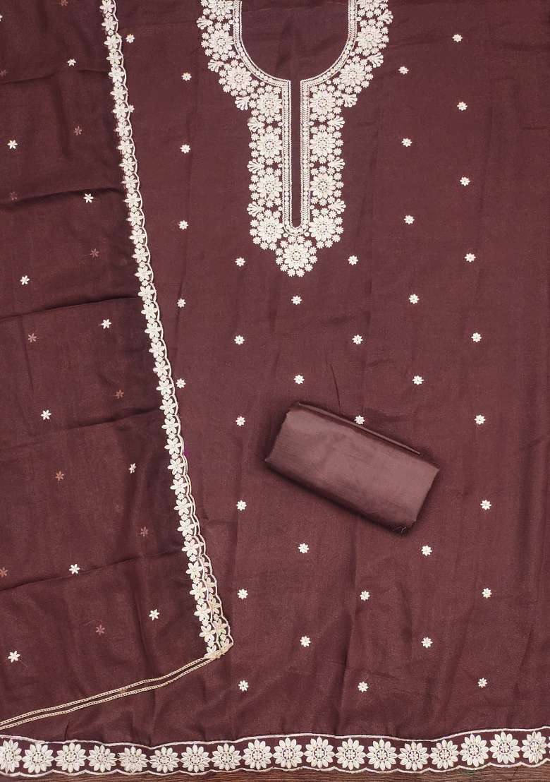 Brown Embroidered Georgette Straight Kurta Set - Indya