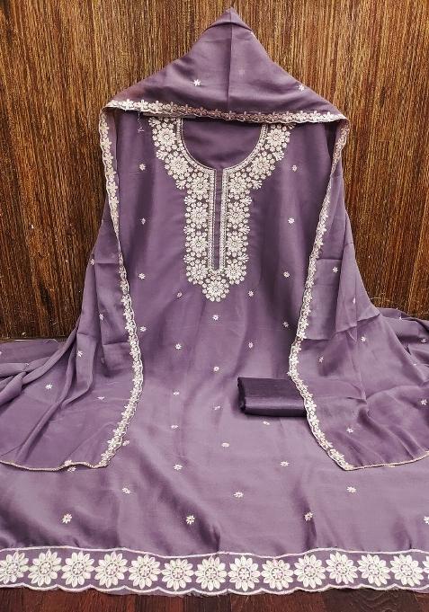 Lavender Embroidered Georgette Straight Kurta Set