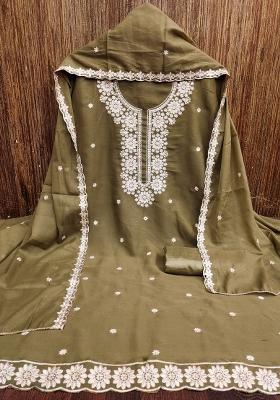 Olive Green Embroidered Georgette Dress Material