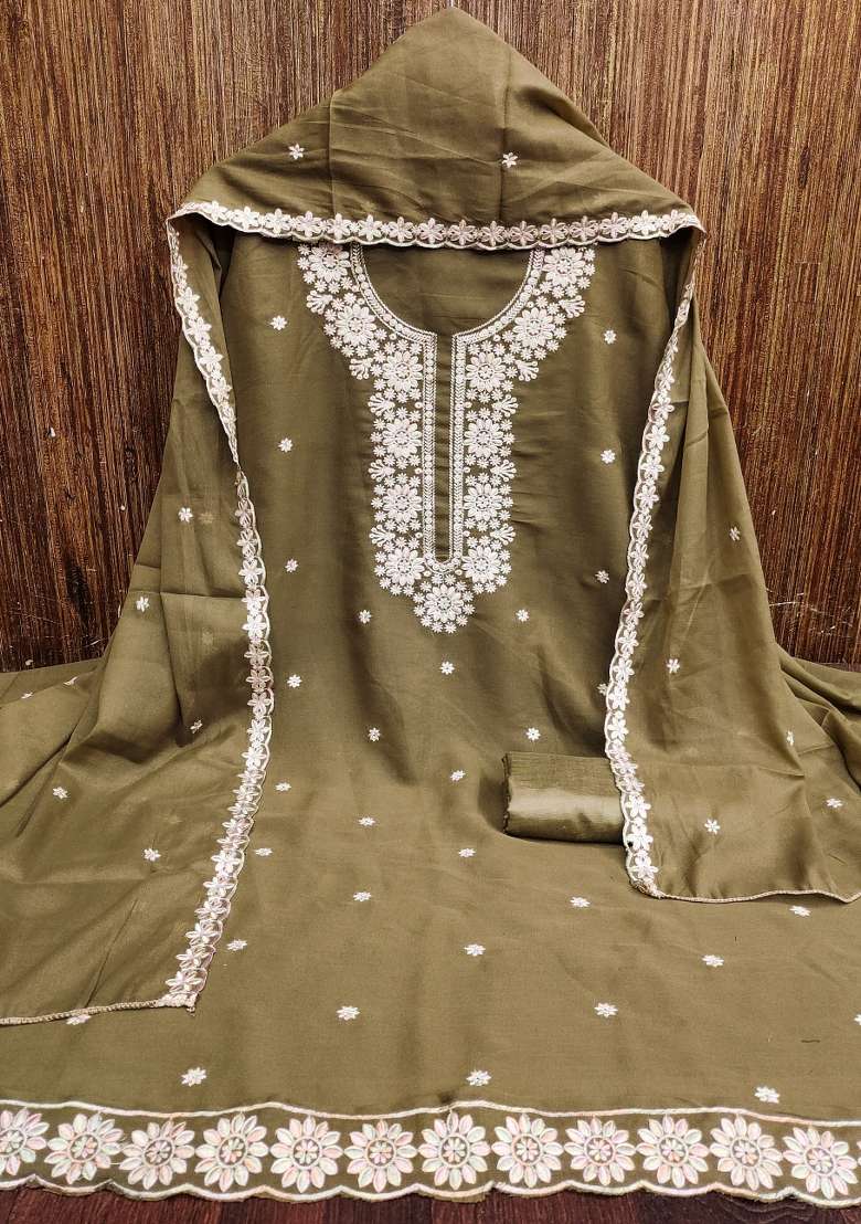 Olive Green Embroidered Georgette Straight Kurta Set - Indya