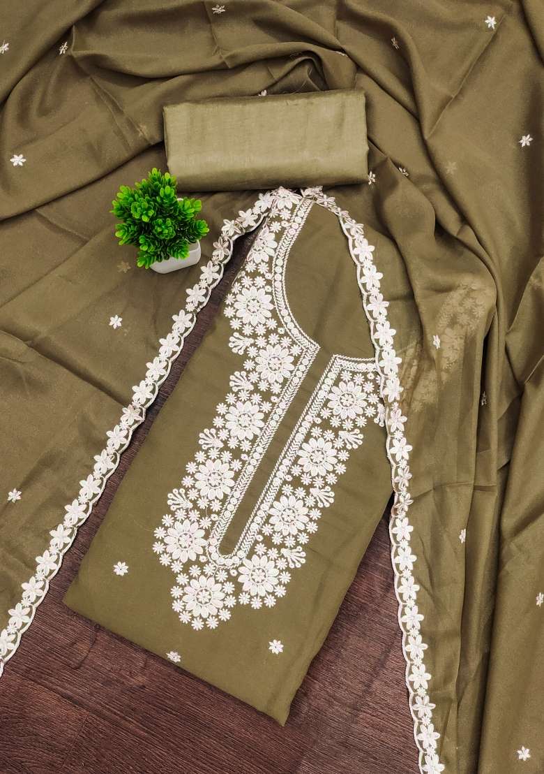 Olive Green Embroidered Georgette Straight Kurta Set - Indya