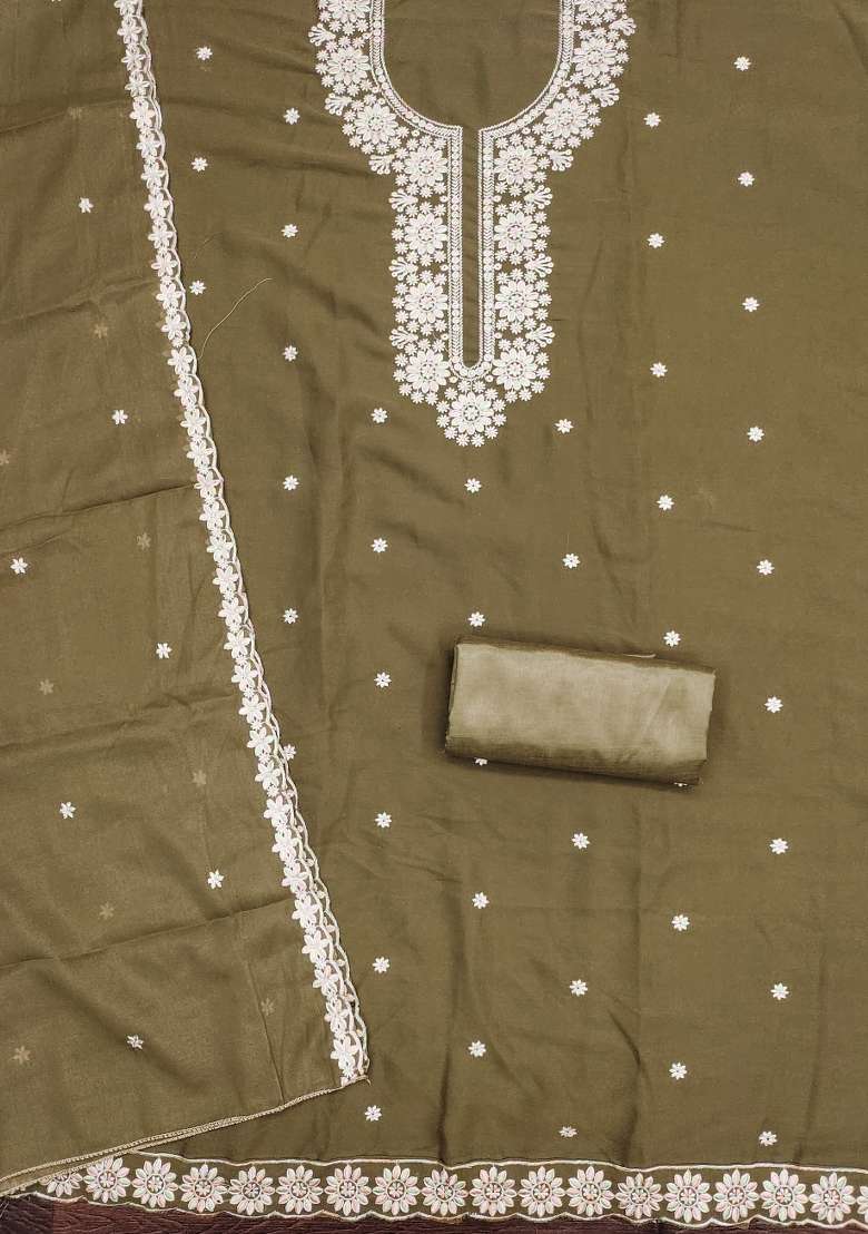 Olive Green Embroidered Georgette Straight Kurta Set - Indya