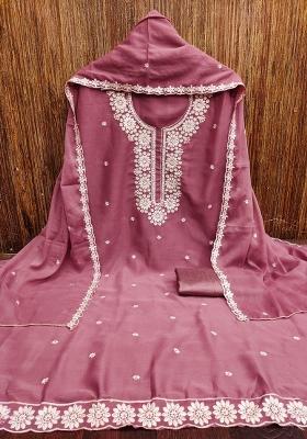 Purple Embroidered Georgette Dress Material