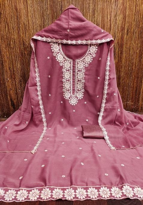 Purple Embroidered Georgette Straight Kurta Set