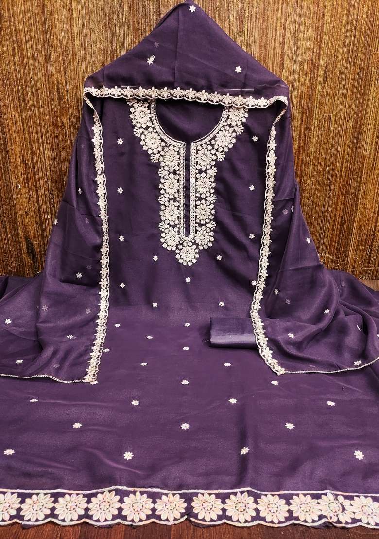 Royal Blue Embroidered Georgette Straight Kurta Set - Indya