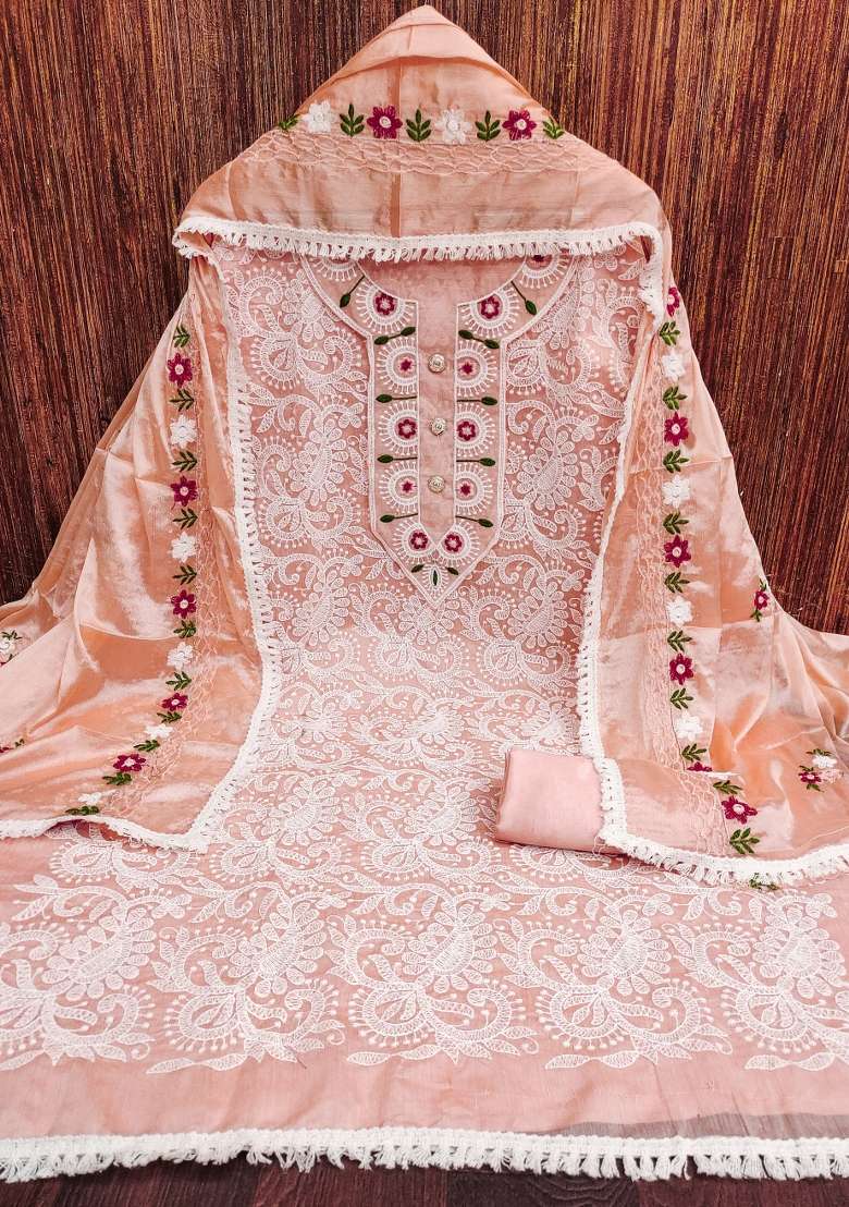 Peach Embroidered Blended Straight Kurta Set - Indya